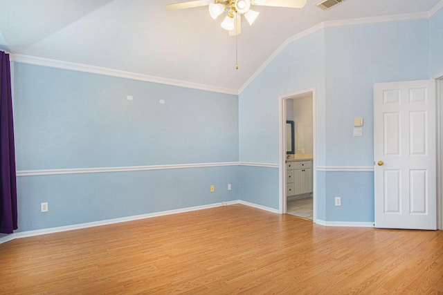 8806 Aberdeen Oaks Dr, Houston, TX 77095 - empty room with a ceiling fan, vaulted ceiling, wood finished floors, and crown molding