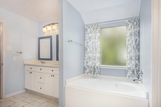 8806 Aberdeen Oaks Dr, Houston, TX 77095 - full bathroom with vanity, a garden tub, and lofted ceiling
