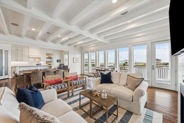 4107 Bluewing Teal Ct, Galveston, TX 77554 - living area featuring beam ceiling, hardwood / wood-style flooring, and recessed lighting