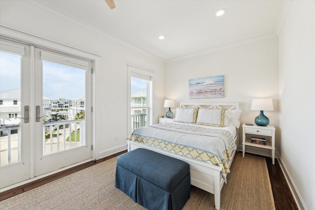 4107 Bluewing Teal Ct, Galveston, TX 77554 - bedroom featuring access to exterior, wood finished floors, crown molding, and recessed lighting