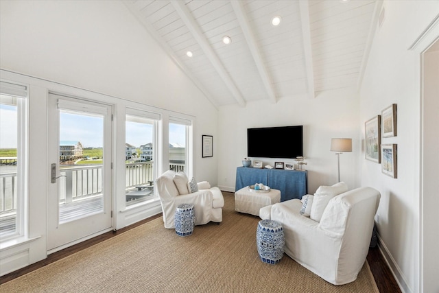 4107 Bluewing Teal Ct, Galveston, TX 77554 - living area featuring high vaulted ceiling, a wooden ceiling with exposed beams, wood finished floors, and recessed lighting