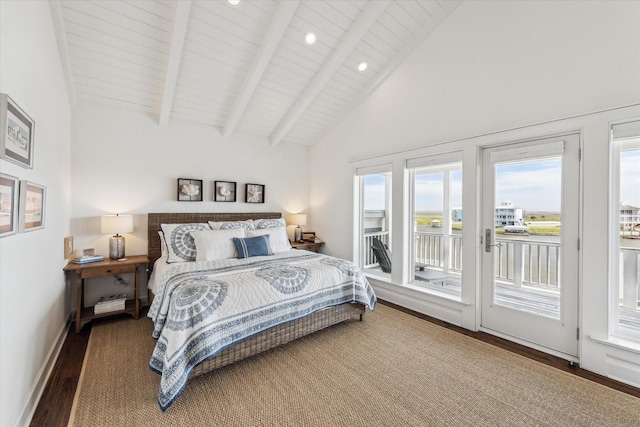 4107 Bluewing Teal Ct, Galveston, TX 77554 - bedroom with access to exterior, wood finished floors, high vaulted ceiling, a water view, and a wooden ceiling with exposed beams
