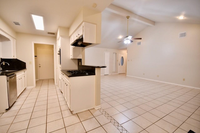 18723 Clover Gln, Katy, TX 77084 - kitchen featuring under cabinet range hood, light tile patterned floors, stainless steel dishwasher, black gas stovetop, and white cabinetry