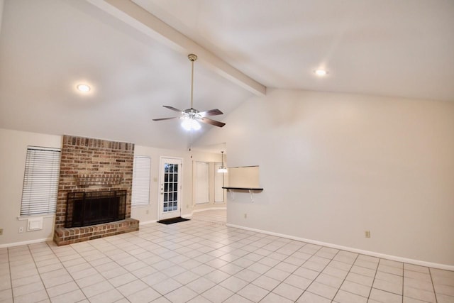 18723 Clover Gln, Katy, TX 77084 - unfurnished living room featuring ceiling fan, a fireplace, and light tile patterned floors