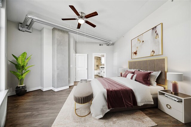 1901 Post Oak Blvd Unit 609, Houston, TX 77056 - bedroom featuring attic access, dark wood-style floors, connected bathroom, and a ceiling fan