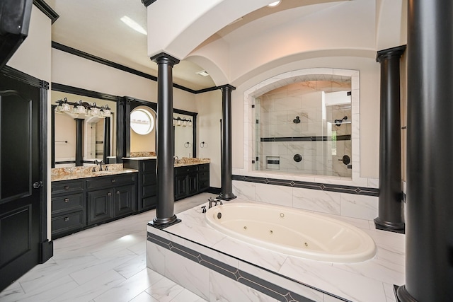 42 Lake Sterling Gate Dr, Spring, TX 77379 - full bathroom featuring a stall shower, a tub with jets, vanity, ornate columns, and marble finish flooring