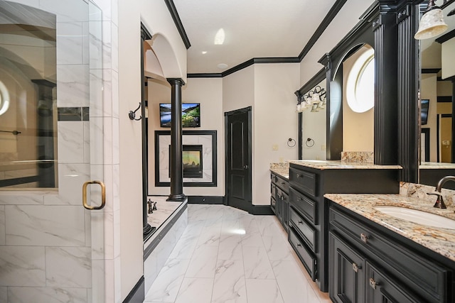 42 Lake Sterling Gate Dr, Spring, TX 77379 - full bath featuring a shower stall, two vanities, marble finish floors, crown molding, and decorative columns
