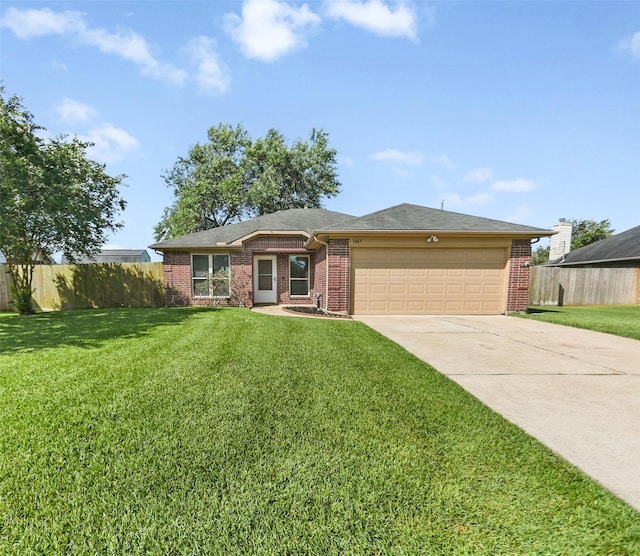 3445 Van Ness Dr, Alvin, TX 77511 - ranch-style home with brick siding, a garage, concrete driveway, and a shingled roof