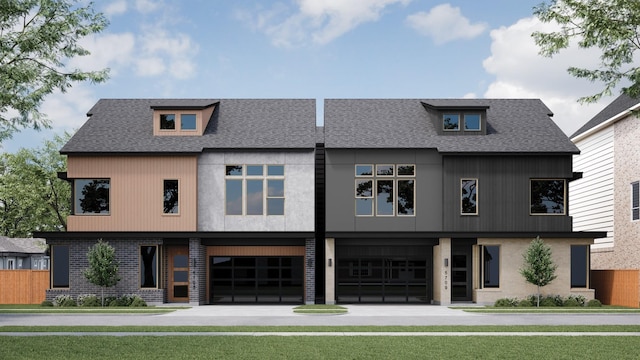 5705 Feagan St, Houston, TX 77007 - view of front facade with an attached garage, a shingled roof, and brick siding