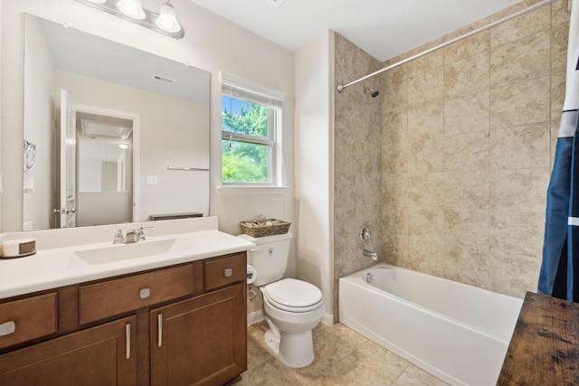 11134 Sun River Falls Dr, Humble, TX 77396 - bathroom with shower / bath combo with shower curtain, vanity, and tile patterned floors