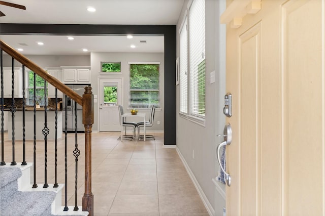 134 Biltmore Loop, Montgomery, TX 77316 - entryway featuring stairway, light tile patterned floors, recessed lighting, and a ceiling fan