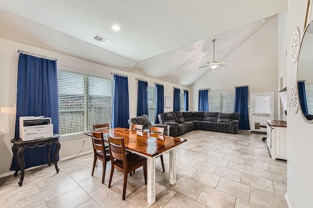 24327 Hampton Terrace Ln, Spring, TX 77389 - dining room featuring a ceiling fan, recessed lighting, light tile patterned floors, and high vaulted ceiling