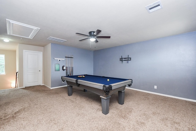 8218 Polaris Point Ln, Cypress, TX 77433 - playroom with attic access, carpet, ceiling fan, and billiards table