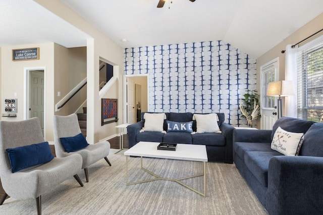 2818 Lake Forest Dr, Montgomery, TX 77356 - living room featuring a ceiling fan, stairs, and vaulted ceiling