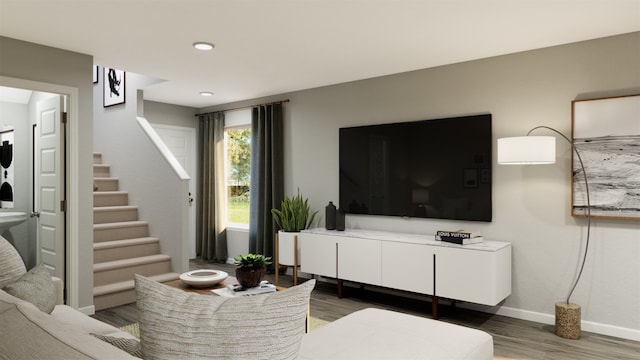 22919 Great Egret Dr, Splendora, TX 77372 - living room with stairs, light wood-type flooring, and recessed lighting