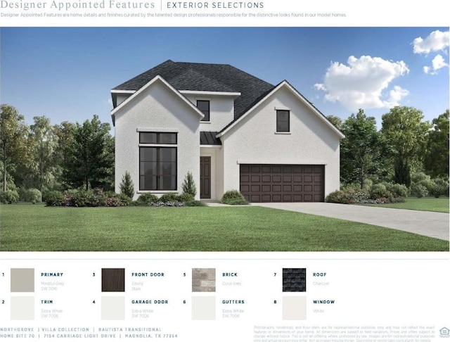 7154 Carriage Lgt, Magnolia, TX 77354 - view of front of property with concrete driveway, a front yard, roof with shingles, stucco siding, and an attached garage