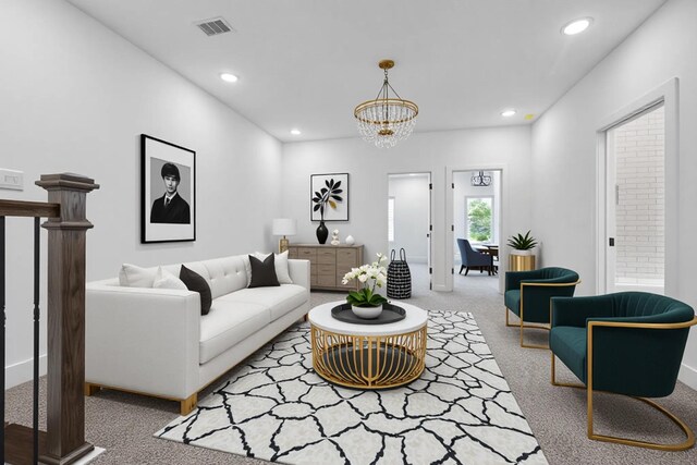 2015 Brackenridge St Unit B, Houston, TX 77026 - carpeted living area featuring a chandelier and recessed lighting