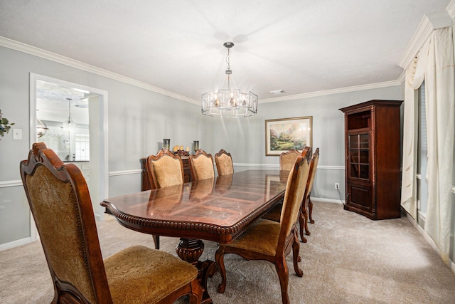 2128 Wimbleton Ct, Pearland, TX 77581 - dining space featuring light carpet, a chandelier, and crown molding