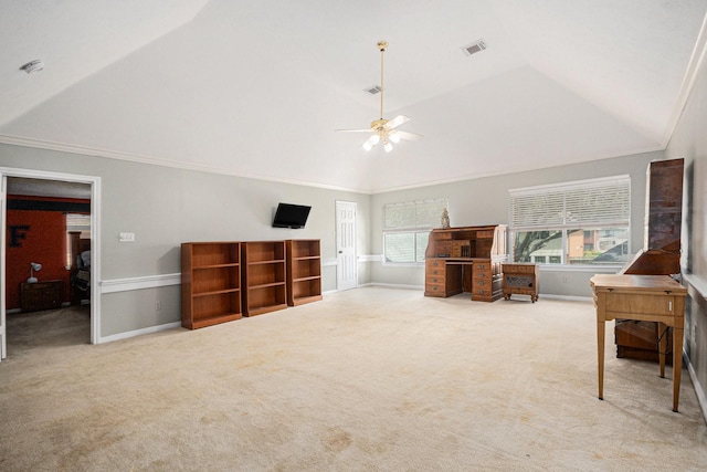 2128 Wimbleton Ct, Pearland, TX 77581 - carpeted bedroom featuring lofted ceiling, ornamental molding, and a ceiling fan