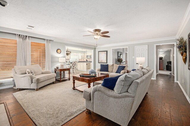 2128 Wimbleton Ct, Pearland, TX 77581 - living room with ceiling fan, ornamental molding, dark wood-style flooring, and a textured ceiling