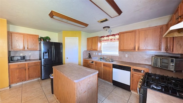 20930 Vista Trace Dr, Houston, TX 77073 - kitchen featuring black fridge with ice dispenser, white dishwasher, gas range, tasteful backsplash, and light countertops