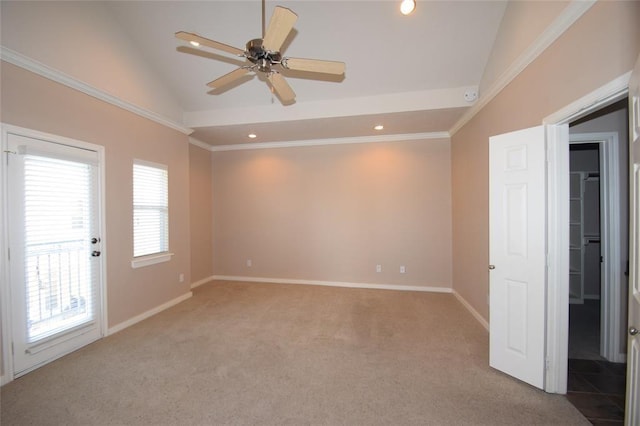 1331 W 21st St Unit A, Houston, TX 77008 - empty room with vaulted ceiling, light colored carpet, recessed lighting, ceiling fan, and crown molding