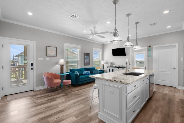 1790 Catfish Ln, Crystal Beach, TX 77650 - kitchen with stainless steel dishwasher, healthy amount of natural light, recessed lighting, white cabinetry, and ceiling fan