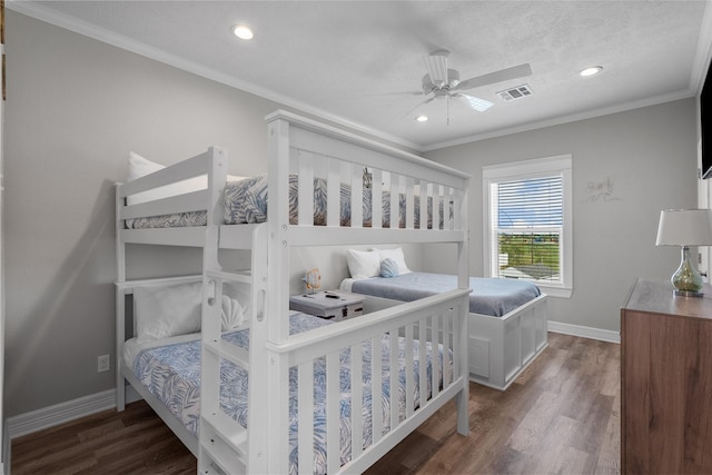 1790 Catfish Ln, Crystal Beach, TX 77650 - bedroom with wood finished floors, crown molding, recessed lighting, and ceiling fan