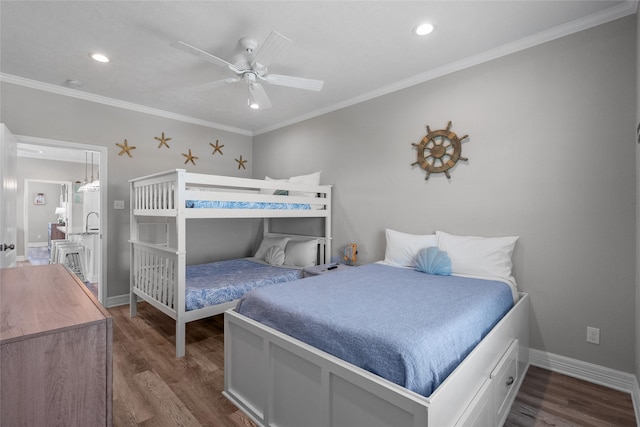 1790 Catfish Ln, Crystal Beach, TX 77650 - bedroom featuring dark wood finished floors, recessed lighting, crown molding, and a ceiling fan