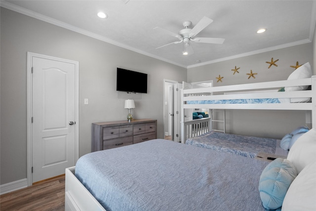1790 Catfish Ln, Crystal Beach, TX 77650 - bedroom featuring wood finished floors, recessed lighting, crown molding, and a ceiling fan