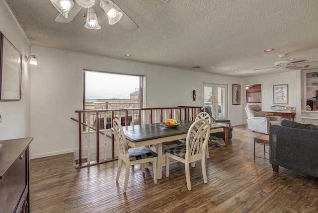 1120 Redfish St, Bayou Vista, TX 77563 - dining area with a ceiling fan, a textured ceiling, dark wood-style floors, and recessed lighting