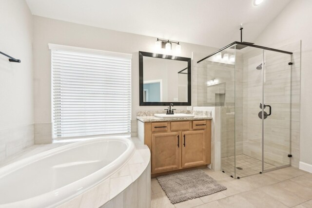 18314 Pedernales Springs Dr, Cypress, TX 77433 - full bathroom with a bath, a stall shower, vanity, and tile patterned flooring