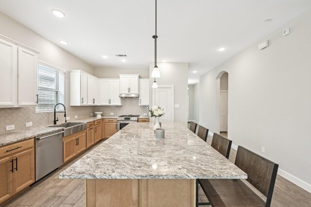 18314 Pedernales Springs Dr, Cypress, TX 77433 - kitchen with appliances with stainless steel finishes, under cabinet range hood, a kitchen bar, light wood-style flooring, and recessed lighting