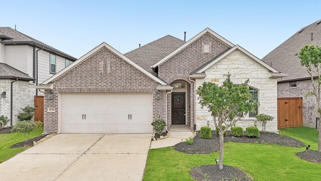 18314 Pedernales Springs Dr, Cypress, TX 77433 - french country style house with brick siding, an attached garage, stone siding, driveway, and a front yard