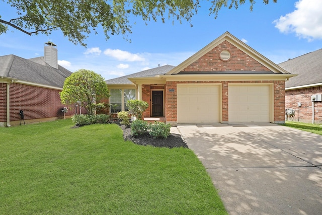 13003 Castlewind Ln, Pearland, TX 77584 - single story home featuring an attached garage, brick siding, a front lawn, concrete driveway, and a chimney