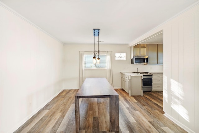 13318 Southshore Dr, Conroe, TX 77304 - kitchen featuring gas range oven, stainless steel microwave, light wood-style floors, light countertops, and decorative light fixtures
