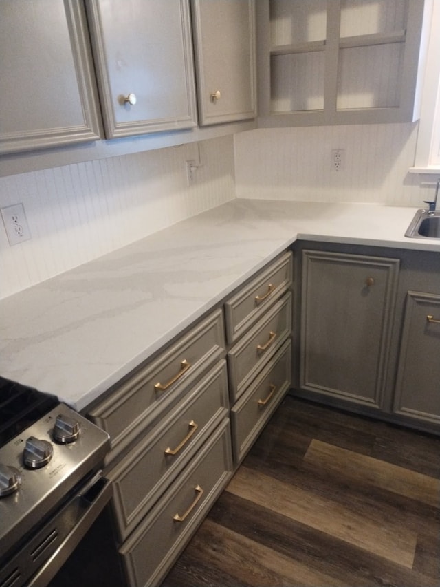13318 Southshore Dr, Conroe, TX 77304 - kitchen featuring gray cabinets, stainless steel range, dark wood finished floors, and light stone countertops