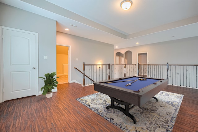 10022 Foggy Riv, Missouri City, TX 77459 - recreation room featuring wood finished floors, billiards table, recessed lighting, and arched walkways