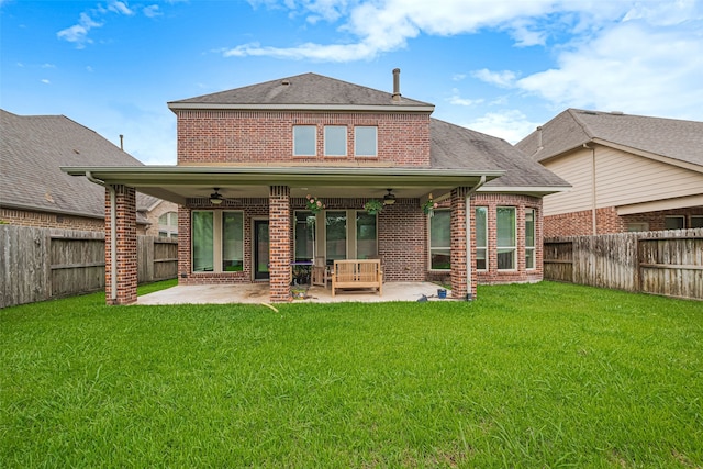 10022 Foggy Riv, Missouri City, TX 77459 - rear view of house featuring brick siding, a ceiling fan, a fenced backyard, a patio area, and a shingled roof