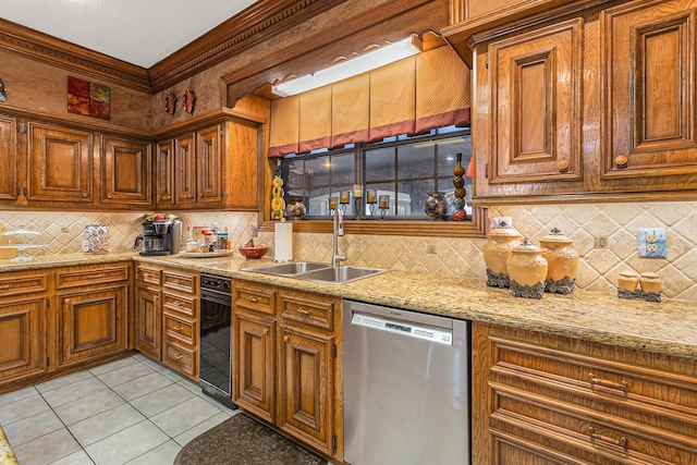 1454 Oday, Pearland, TX 77581 - kitchen with stainless steel dishwasher, light tile patterned flooring, brown cabinetry, backsplash, and crown molding