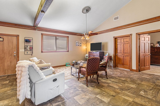 1454 Oday, Pearland, TX 77581 - living area with vaulted ceiling, stone finish flooring, and a ceiling fan