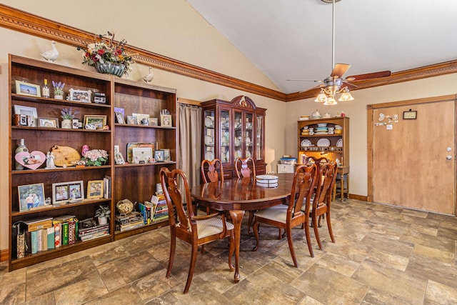 1454 Oday, Pearland, TX 77581 - dining room with lofted ceiling, ceiling fan, stone finish flooring, and crown molding