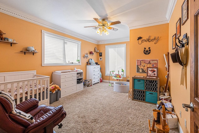 1454 Oday, Pearland, TX 77581 - carpeted bedroom featuring ornamental molding, a crib, and ceiling fan