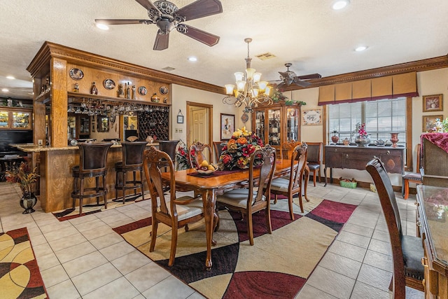 1454 Oday, Pearland, TX 77581 - dining area with ceiling fan, light tile patterned floors, crown molding, recessed lighting, and bar