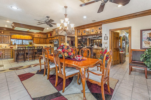 1454 Oday, Pearland, TX 77581 - dining area featuring ceiling fan, crown molding, a textured ceiling, light tile patterned floors, and a chandelier