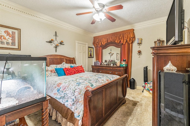 1454 Oday, Pearland, TX 77581 - bedroom featuring ornamental molding, light colored carpet, a textured ceiling, and a ceiling fan