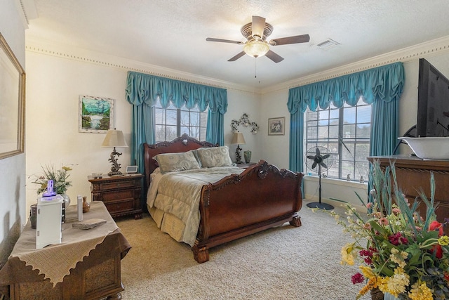 1454 Oday, Pearland, TX 77581 - bedroom with carpet flooring, multiple windows, crown molding, a ceiling fan, and a textured ceiling