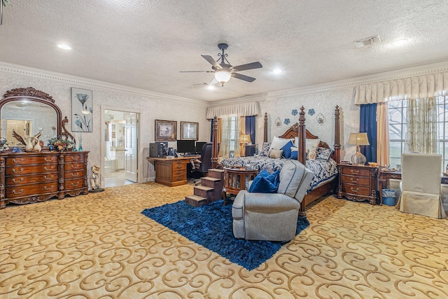 1454 Oday, Pearland, TX 77581 - bedroom featuring ornamental molding, a textured ceiling, ensuite bathroom, an office area, and ceiling fan