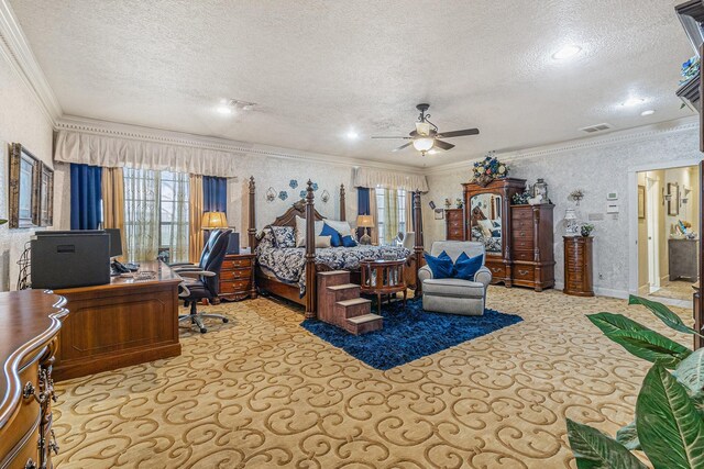 1454 Oday, Pearland, TX 77581 - bedroom with a textured ceiling, ornamental molding, multiple windows, an office area, and carpet floors
