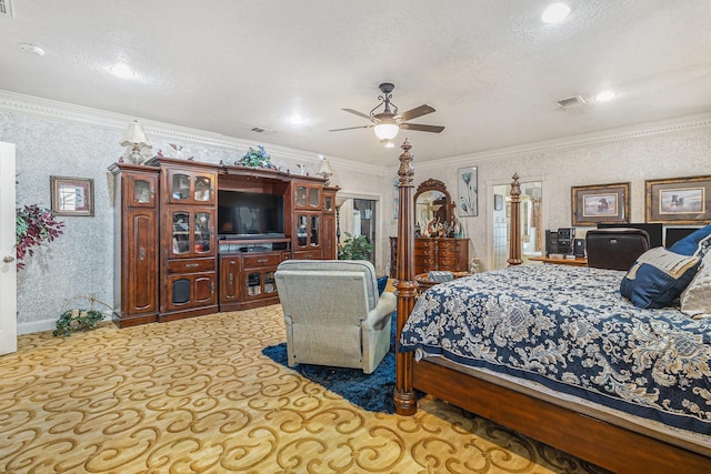 1454 Oday, Pearland, TX 77581 - bedroom with ornamental molding, carpet flooring, wallpapered walls, a textured ceiling, and ceiling fan